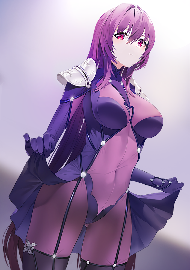 1girl bodysuit breasts covered_navel damda expressionless fate/grand_order fate_(series) hair_intakes large_breasts leotard lifted_by_self pauldrons purple_bodysuit purple_hair purple_leotard red_eyes scathach_(fate)_(all) scathach_(fate/grand_order) shoulder_armor skirt skirt_lift solo symbol_commentary