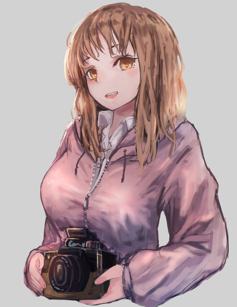 1girl blush breasts brown_eyes brown_hair camera collared_shirt commentary grey_background hood hoodie just_because! komiya_ena large_breasts open_mouth purple_hoodie shin_murasame shirt solo wavy_hair white_shirt