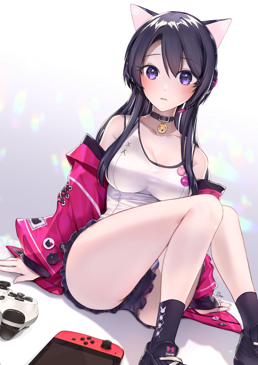 1girl animal_ears ass bare_shoulders bell black_choker black_hair black_legwear black_shorts breasts cat_ear_headphones cat_ears choker fake_animal_ears frills fuu_kotora headphones highres jacket jingle_bell knees_up large_breasts long_hair looking_at_viewer micro_shorts nintendo_switch off_shoulder open_clothes open_jacket original pink_jacket playstation_controller shirt shoes shorts sitting sleeveless sleeveless_shirt socks solo tank_top thighs violet_eyes white_background white_shirt