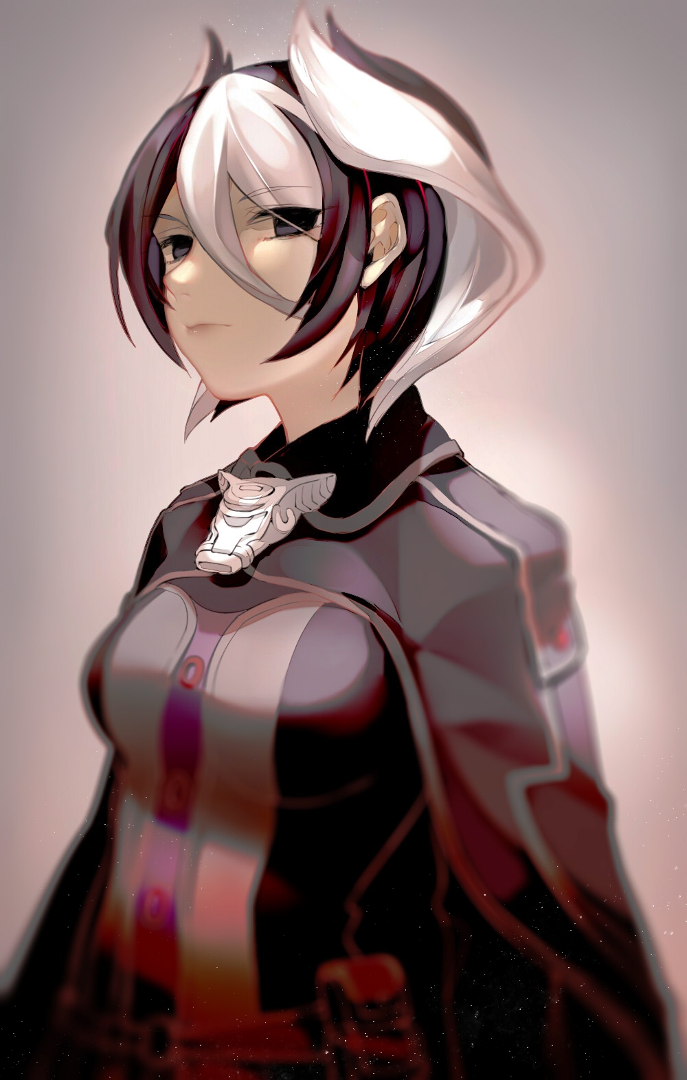 1girl bangs black_cape black_eyes black_hair black_jacket blurry breasts cape closed_mouth collar eyebrows_visible_through_hair eyes_visible_through_hair grey_background hair_between_eyes highres jacket lips looking_at_viewer made_in_abyss multicolored_hair ozen short_hair simple_background solo spiky_hair two-tone_hair upper_body vickyycy99 whistle white_hair