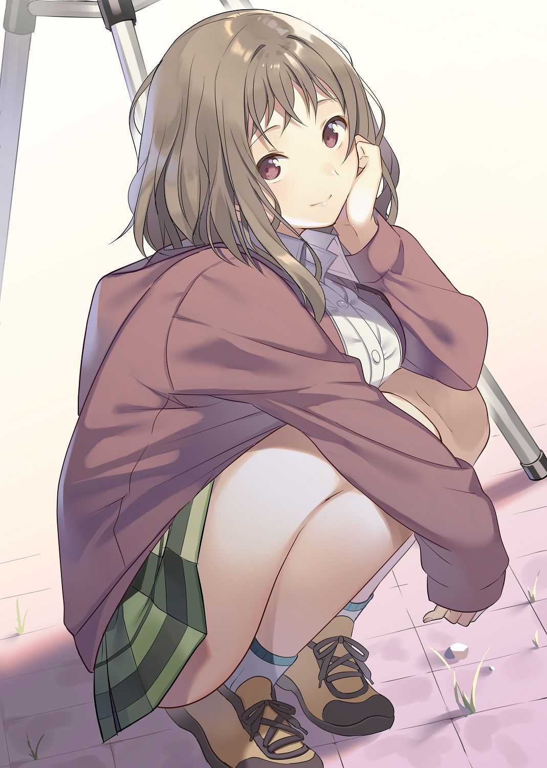 1girl breasts brown_eyes brown_hair commentary_request hand_on_own_cheek highres hood hooded_jacket hoodie jacket just_because! knees_to_chest komiya_ena large_breasts natasha_(pommier) pebble pleated_skirt shoes simple_background skirt smile solo squatting tripod weeds