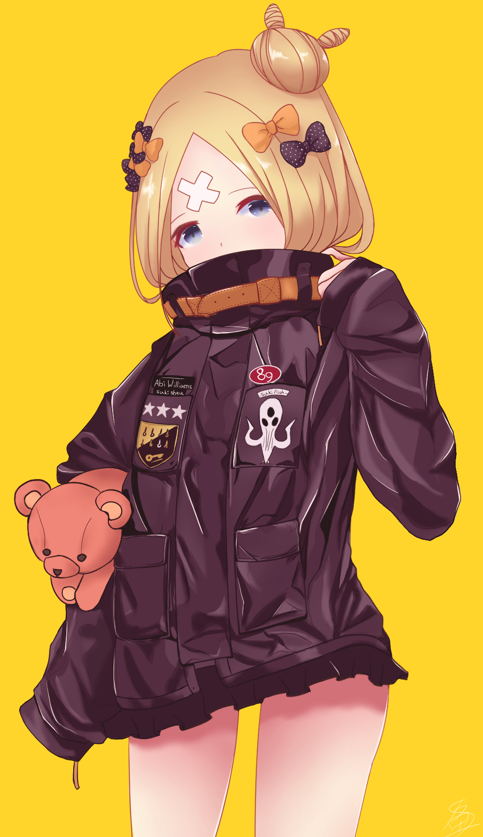 1girl abigail_williams_(fate/grand_order) bandaid_on_forehead bangs black_bow black_jacket blonde_hair blue_eyes blush bow breasts crossed_bandaids fate/grand_order fate_(series) forehead hair_bow hair_bun heroic_spirit_traveling_outfit high_collar highres holding holding_stuffed_animal jacket long_hair long_sleeves looking_at_viewer multiple_bows orange_belt orange_bow parted_bangs polka_dot polka_dot_bow simple_background sleeves_past_fingers sleeves_past_wrists small_breasts stuffed_animal stuffed_toy suki2000510 teddy_bear thighs yellow_background