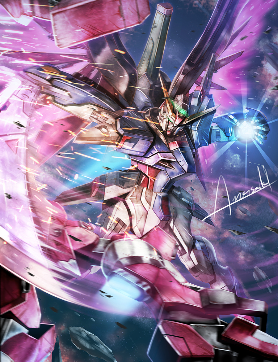 amasaki_yusuke destiny_gundam energy_wings glowing glowing_hand green_eyes gundam gundam_seed gundam_seed_destiny holding holding_sword holding_weapon infinite_justice_gundam mecha mechanical_wings open_hand signature slashing solo_focus sword thrusters weapon wings