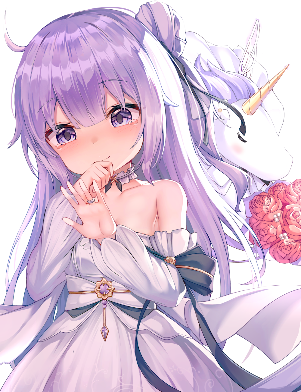 1girl azur_lane bare_shoulders black_ribbon blush breasts choker dress eyebrows_visible_through_hair flower hair_bun hair_ribbon highres jewelry long_hair looking_at_viewer mannaku purple_hair red_flower red_rose ribbon ring rose side_bun smile solo stuffed_animal stuffed_toy stuffed_unicorn unicorn unicorn_(azur_lane) very_long_hair violet_eyes wedding wedding_band wedding_dress white_choker white_dress white_legwear