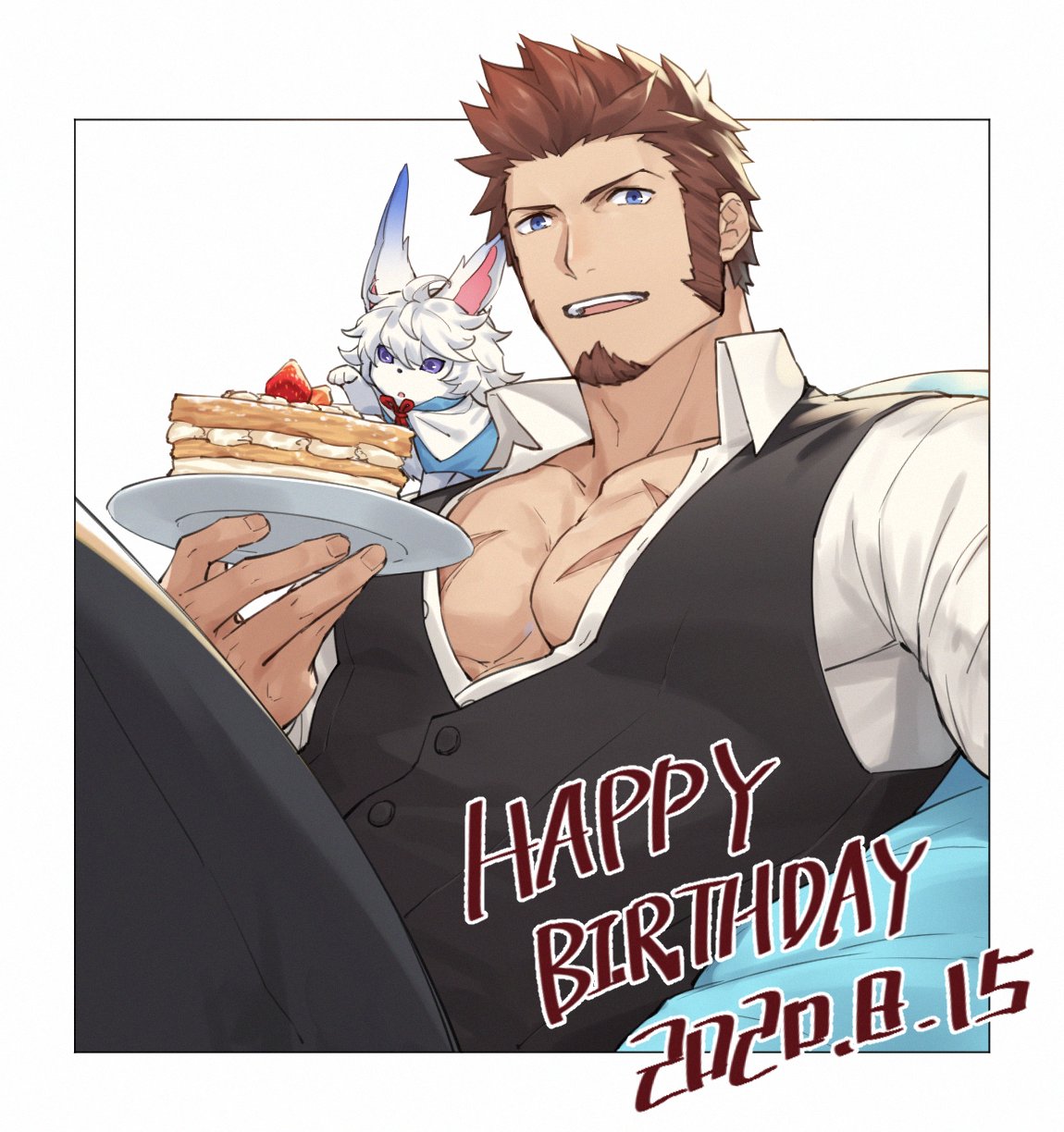 1boy 47 beard blue_eyes brown_hair cake chest collar facial_hair fate/grand_order fate_(series) food fou_(fate/grand_order) goatee happy_birthday highres long_sleeves looking_at_viewer male_focus muscle napoleon_bonaparte_(fate/grand_order) open_clothes pants pectorals scar sideburns solo tight toned toned_male unbuttoned