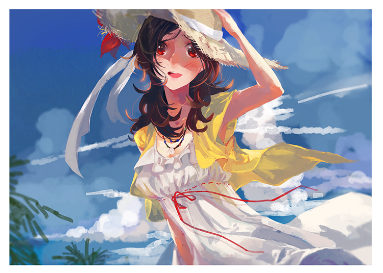 1girl :d areazero bangs black_hair blue_sky blush clouds day dress fresh_precure! hand_on_headwear hat hat_ribbon higashi_setsuna long_dress long_hair looking_at_viewer open_mouth outdoors parted_bangs precure red_eyes red_ribbon rei_no_himo ribbon sky sleeveless sleeveless_dress smile solo standing straw_hat sun_hat sundress white_dress white_ribbon