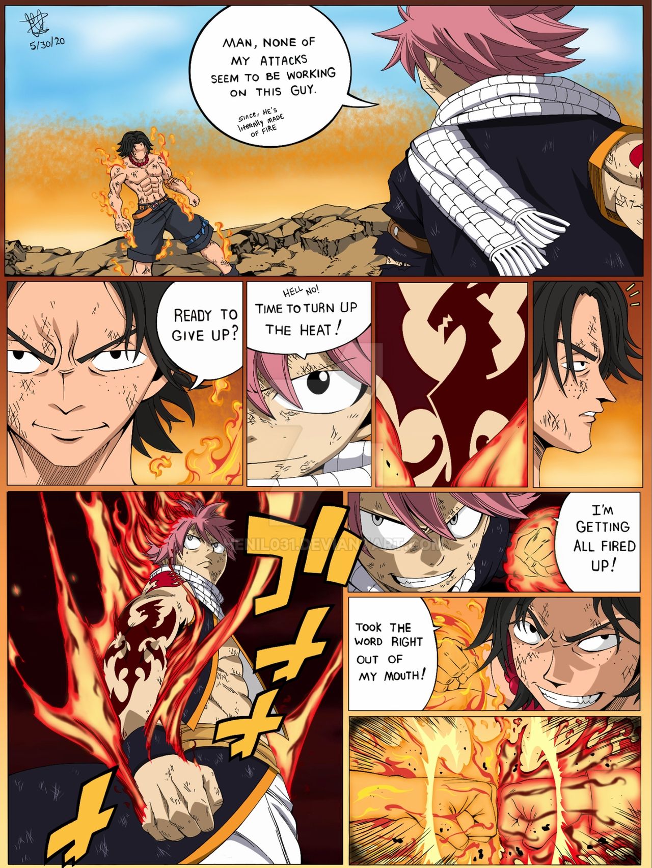 2boys bare_shoulders black_hair clash clenched_hands crossover fairy_tail fighting fire freckles glowing glowing_fist grin hat henil031 highres jewelry multiple_boys natsu_dragneel necklace one_piece pink_hair portgas_d_ace scarf shirtless smile speech_bubble spiky_hair straw_hat tattoo watermark