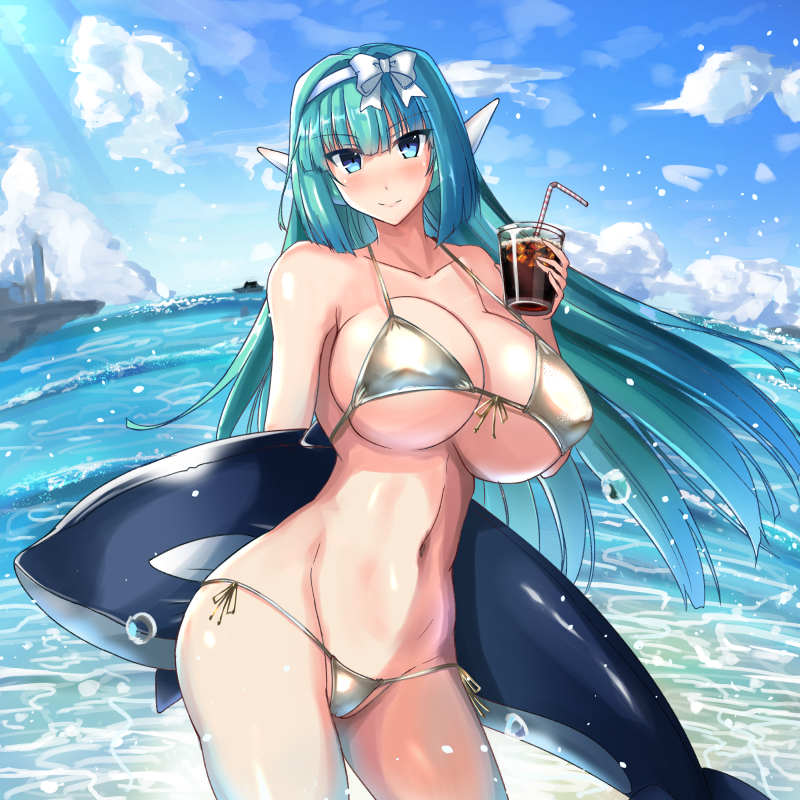 1girl aqua_hair bangs bikini blue_eyes blue_sky blush breasts closed_mouth clouds cloudy_sky covered_nipples cup day eyebrows_visible_through_hair gippo holding holding_cup large_breasts long_hair looking_at_viewer navel ocean original outdoors robot_ears side-tie_bikini sky smile solo swimsuit tagme