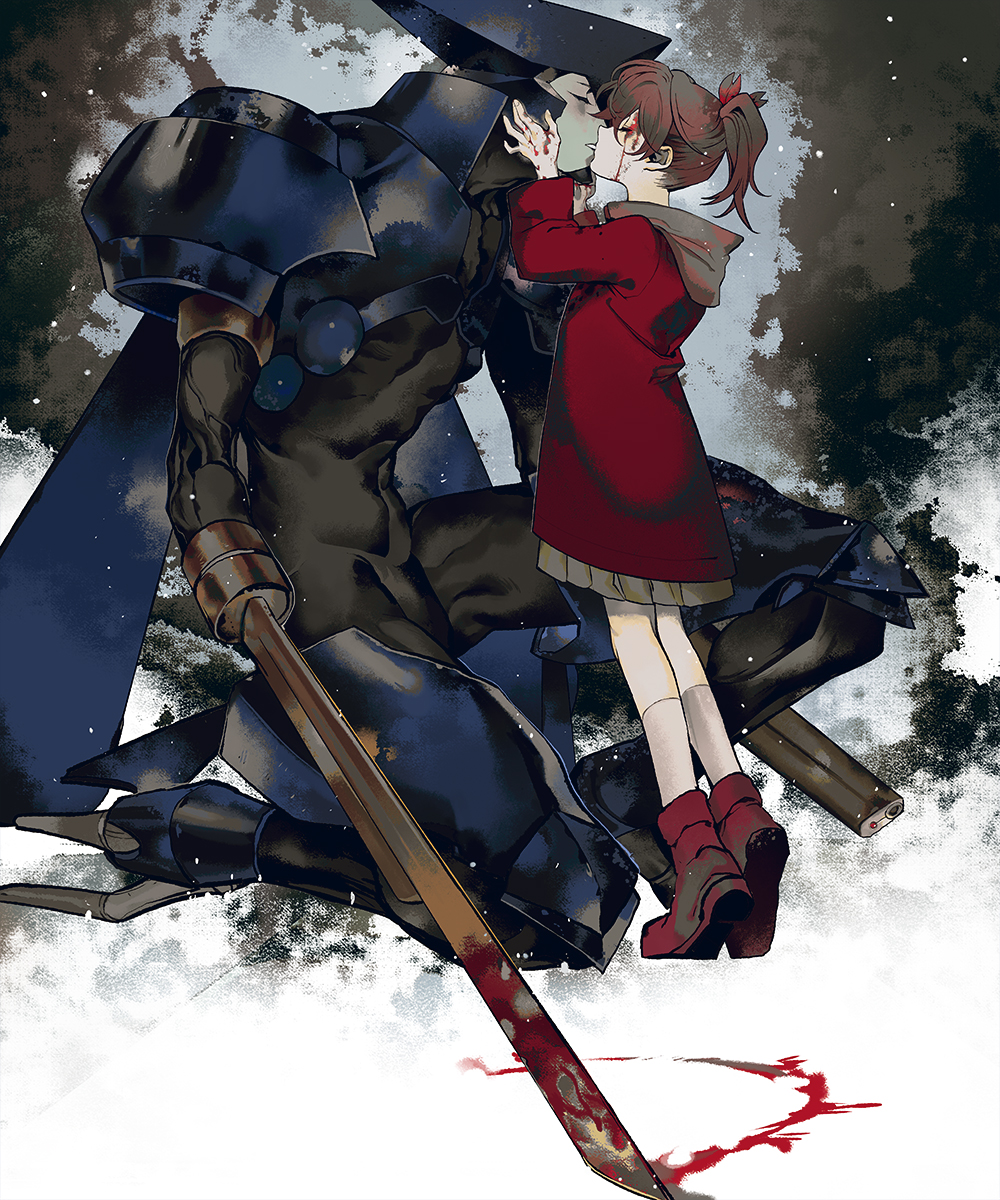 1boy 1girl abstract_background armor asagi_marin black_bodysuit blood blue_armor bodysuit boots brigadoon brown_hair closed_eyes coat full_body grey_skin hands_on_another's_face height_difference highres hood kiss kneehighs kneeling melan_blue profile red_coat red_footwear short_hair skirt sword tobi0728 weapon white_legwear