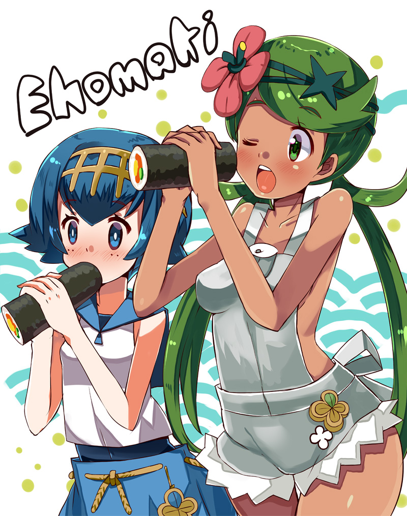 2girls bare_shoulders blue_eyes blue_hair blue_pants blush breasts collarbone commentary_request eating eyebrows_visible_through_hair flower food gold_hairband green_eyes green_hair hair_flower hair_ornament hairband holding holding_food katsuto long_hair mallow_(pokemon) multiple_girls no_sclera open_mouth pants pink_flower pokemon pokemon_(game) pokemon_sm rope_belt school_swimsuit shiny shiny_hair short_hair suiren_(pokemon) swimsuit swimsuit_under_clothes teeth tongue trial_captain twintails upper_teeth