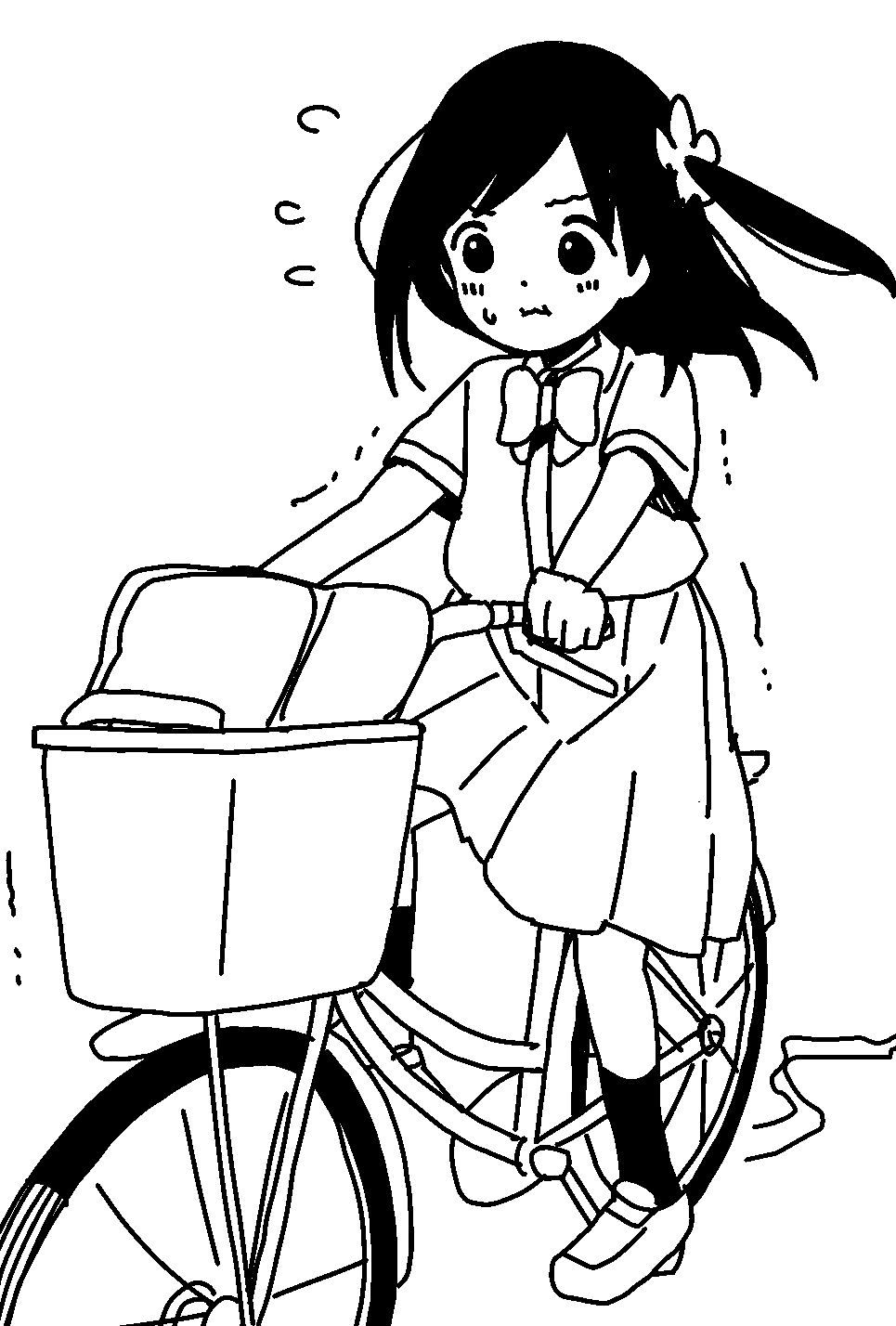1girl bicycle bicycle_basket black_hair blush bow closed_mouth collared_shirt commentary_request flower flying_sweatdrops ground_vehicle hair_flower hair_ornament high_contrast highres hitori_bocchi hitoribocchi_no_marumaru_seikatsu katsuwo_(cr66g) long_hair monochrome nervous pleated_skirt riding riding_bicycle school_uniform shirt skirt solo sweat trembling