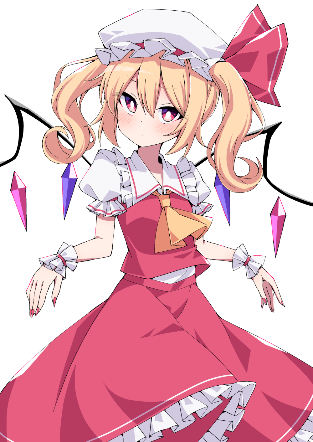 1girl ascot blonde_hair blush commentary_request flandre_scarlet frilled_shirt frilled_shirt_collar frilled_skirt frilled_sleeves frills hair_between_eyes hat hat_ribbon highres long_hair looking_at_viewer mob_cap puffy_short_sleeves puffy_sleeves red_eyes red_nails red_ribbon red_skirt red_vest ribbon shirt short_sleeves simple_background skirt solo touhou tsukimirin twintails vest white_background white_shirt wings yellow_neckwear