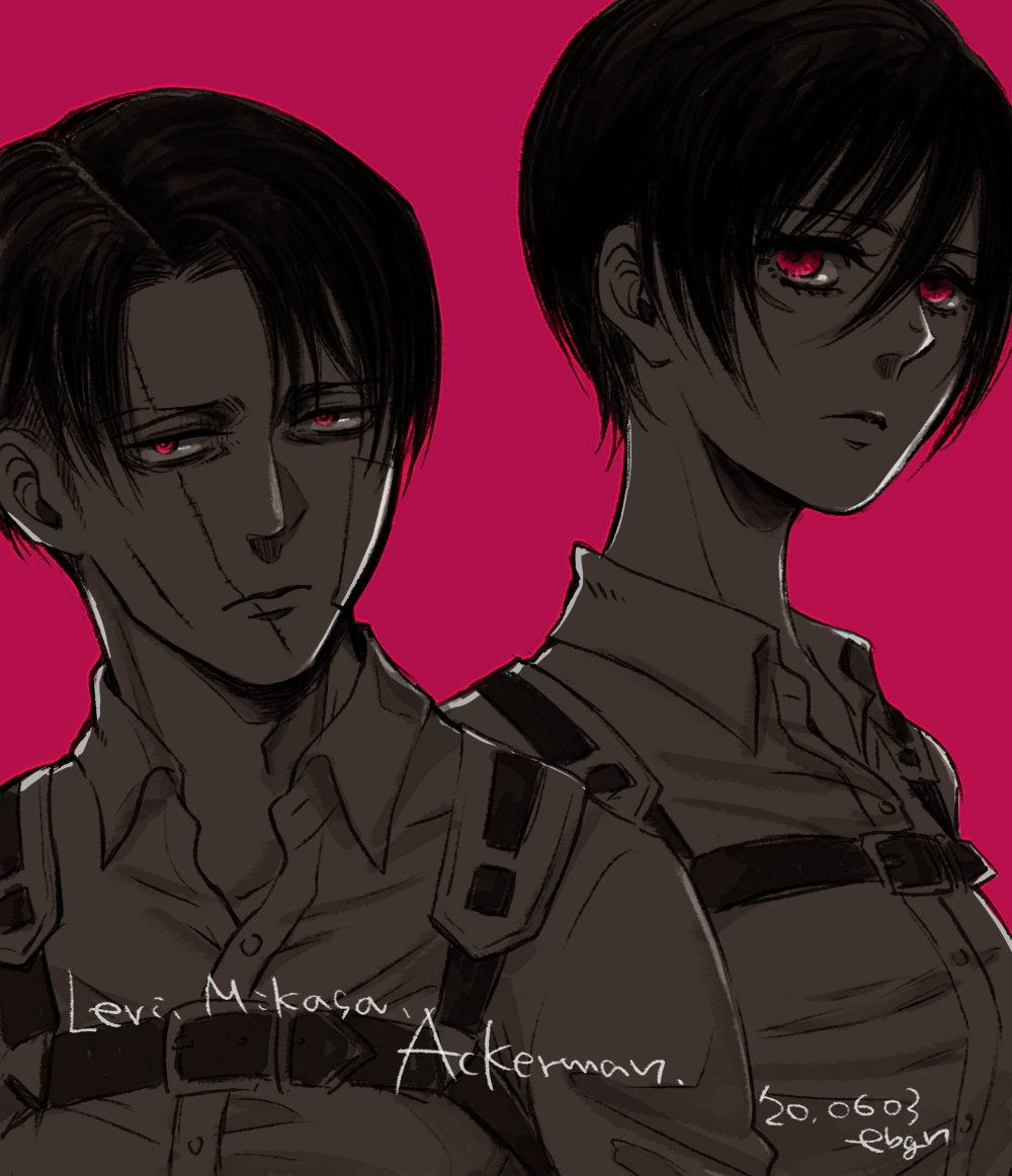 1boy 1girl bandaid bandaid_on_face black_hair breasts ebgr expressionless facial_scar half-closed_eyes height_difference levi_(shingeki_no_kyojin) limited_palette looking_at_viewer mikasa_ackerman monochrome older pink_background pink_eyes purple_background scar scar_across_eye scar_on_cheek shingeki_no_kyojin short_hair simple_background spoilers suspenders timeskip undercut violet_eyes