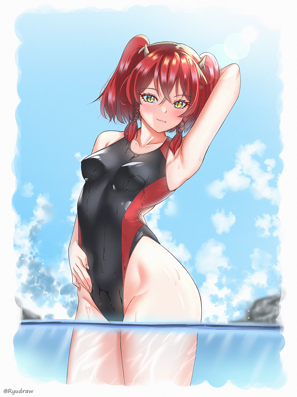 1girl arm_behind_head arm_up armpits bangs bare_arms bare_hips bare_shoulders black_swimsuit blue_sky blush breasts closed_mouth collarbone competition_swimsuit day dead_or_alive eyebrows_visible_through_hair hand_on_own_stomach highleg highleg_swimsuit highres horns kanna_(dead_or_alive) lens_flare one-piece_swimsuit outdoors partially_underwater_shot ryudraw short_hair short_twintails sidelocks sky slit_pupils small_breasts smile solo swimsuit twintails water yellow_eyes