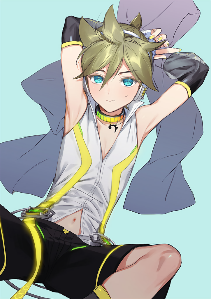 1boy bass_clef blonde_hair blue_eyes collar detached_sleeves headphones kagamine_len leg_warmers looking_at_viewer naoko_(naonocoto) navel shorts solo vocaloid