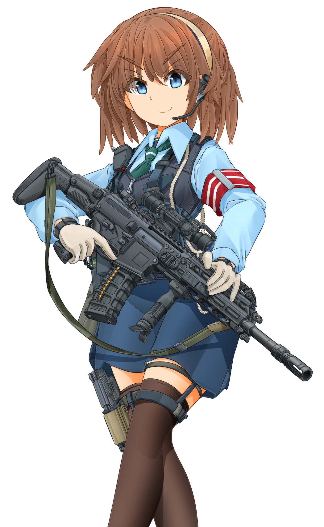 1girl armband assault_rifle bangs black_legwear black_vest blue_eyes blue_shirt brown_hair bulletproof_vest closed_mouth collared_shirt commentary_request eyebrows_visible_through_hair gloves green_neckwear gun hairband headset highres holster long_sleeves looking_at_viewer mikeran_(mikelan) miniskirt navy_blue_skirt necktie original partial_commentary police police_uniform policewoman radio rifle scope shirt short_hair simple_background skirt smile solo standing thigh-highs thigh_holster trigger_discipline uniform v-shaped_eyebrows vest weapon weapon_request white_background white_gloves wing_collar yellow_hairband zipper