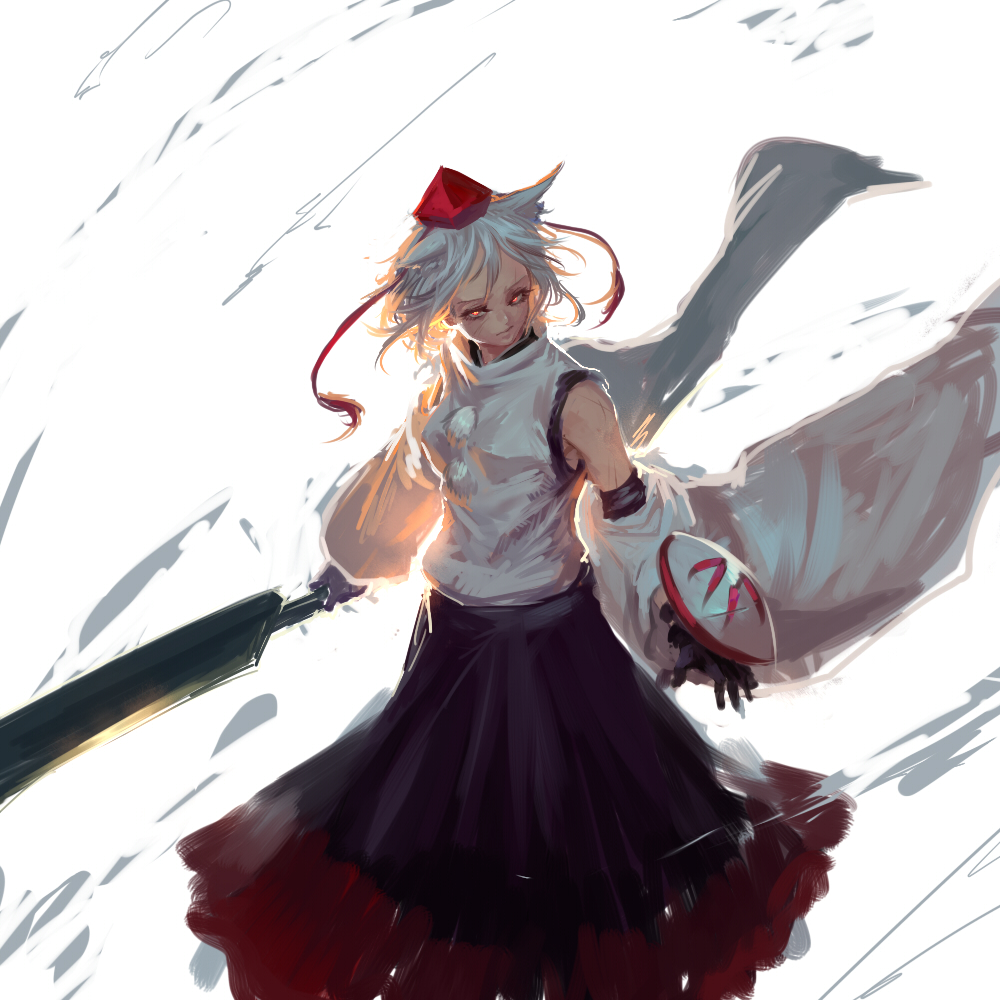 1girl animal_ears closed_mouth detached_sleeves glowing glowing_eyes hat holding holding_sword holding_weapon inishie_kumo inubashiri_momiji long_skirt long_sleeves looking_at_viewer pom_pom_(clothes) red_eyes shield short_hair skirt solo sword tokin_hat touhou weapon white_hair wide_sleeves wolf_ears