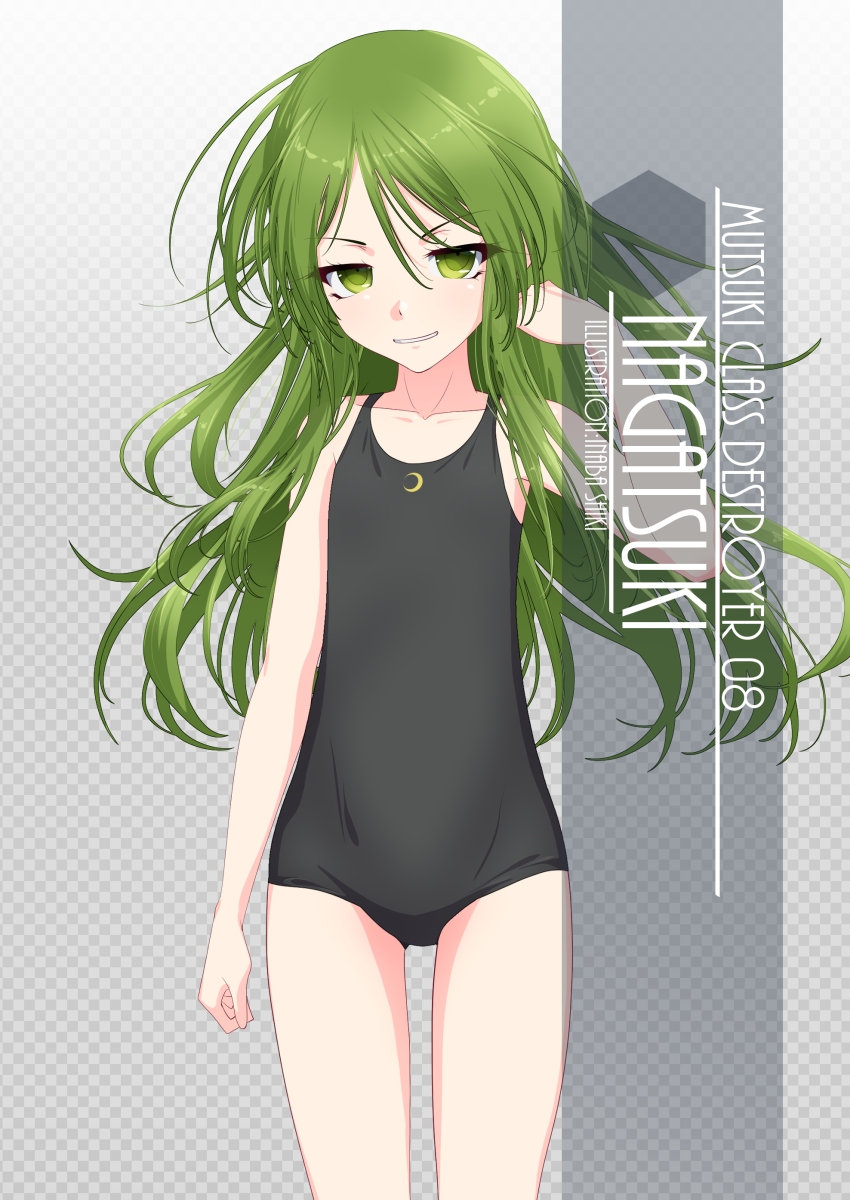 1girl artist_name black_school_swimsuit black_swimsuit character_name checkered checkered_background collarbone commentary_request cowboy_shot crescent flat_chest gradient gradient_background green_eyes green_hair grey_background highres inaba_shiki kantai_collection long_hair nagatsuki_(kantai_collection) new_school_swimsuit school_swimsuit solo standing swimsuit