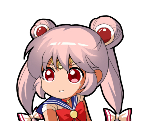 1girl bangs bishoujo_senshi_sailor_moon blue_sailor_collar bow chibi chinese_commentary circlet commentary_request cosplay double_bun eyebrows_visible_through_hair fujiwara_no_mokou hair_bow long_hair looking_at_viewer lowres parody parted_lips pink_hair red_bow red_eyes sailor_collar sailor_moon sailor_moon_(cosplay) sailor_moon_redraw_challenge shangguan_feiying shirt simple_background solo sweat touhou twintails white_background white_bow white_shirt