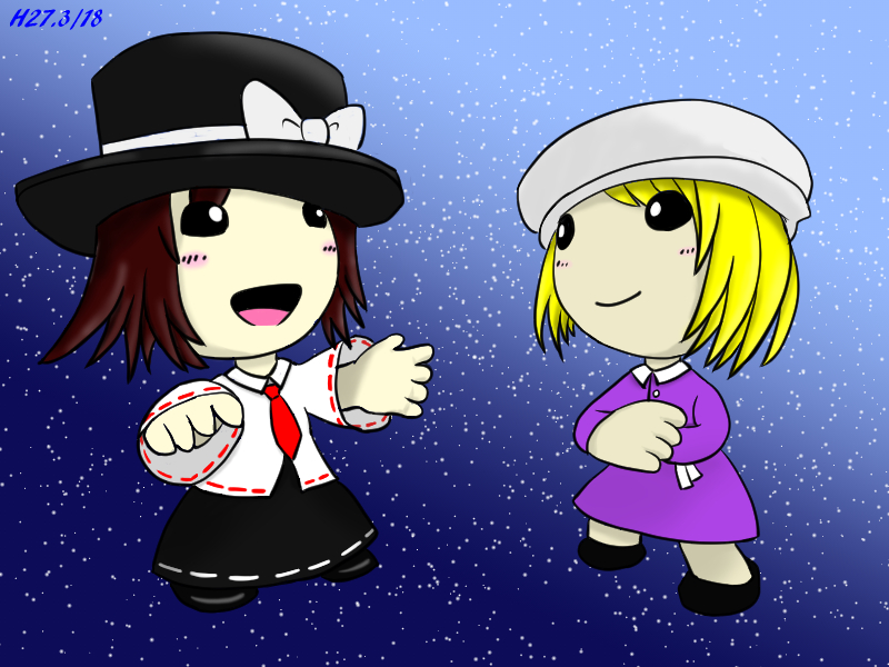 2girls black_skirt blonde_hair blue_background brown_hair dress fedora hat littlebigplanet maribel_hearn mob_cap multiple_girls pale_skin purple_dress red_neckwear sackboy shirt skirt sky star_(sky) starry_sky touhou usami_renko white_shirt