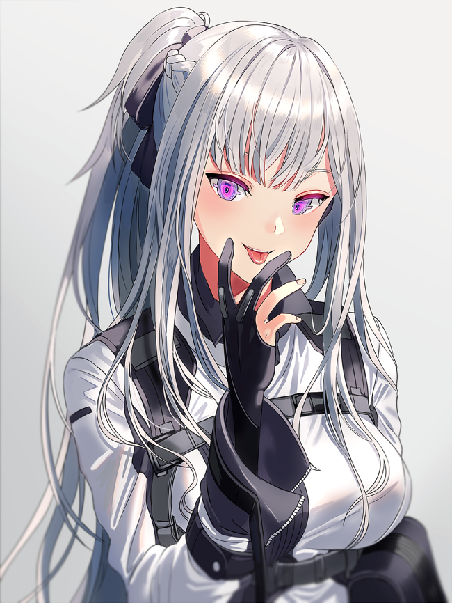 1girl ak-12_(girls_frontline) artificial_eye bangs braid commentary_request french_braid girls_frontline gloves gradient gradient_background grey_background hair_ribbon high_ponytail long_hair mechanical_eye open_mouth partly_fingerless_gloves pouch ribbon sidelocks silence_girl silver_hair solo symbol-shaped_pupils tactical_clothes tongue tongue_out violet_eyes