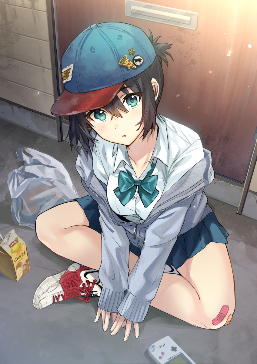 1girl aqua_eyes bag bandaid bare_legs baseball_cap black_hair blue_skirt bow bowtie breasts collared_shirt door from_above game_boy grey_jacket handheld_game_console hat highres indian_style jacket long_sleeves looking_at_viewer medium_breasts miniskirt off_shoulder original parted_lips shirt shoes shopping_bag sitting skirt sneakers solo tan_(tangent) tied_hair white_shirt