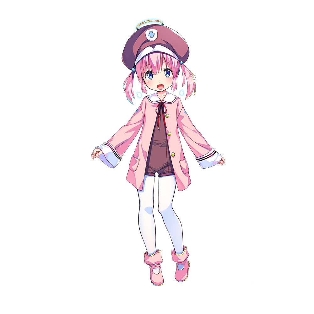 1girl artist_request blue_eyes boots brown_headwear brown_overalls dennou_tenshi_jibril full_body hair_bobbles hair_ornament halo hat jacket long_hair luvriel makai_tenshi_djibril official_art open_mouth outstretched_arms overalls pantyhose pink_footwear pink_hair pink_jacket short_shorts shorts simple_background smile solo twintails white_background white_legwear