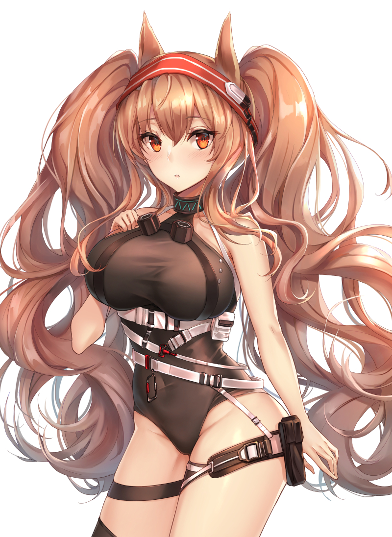 1girl angelina_(arknights) animal_ears arknights bare_arms bare_shoulders belt belt_pouch black_choker black_legwear black_leotard breasts choker covered_navel cowboy_shot fox_ears groin hairband hand_up large_breasts leg_belt leotard long_hair looking_at_viewer multiple_belts no_tail orange_hair parted_lips pouch red_eyes simple_background single_thighhigh solo taut_clothes taut_leotard thigh-highs thighs twintails very_long_hair white_background yuemanhuaikong