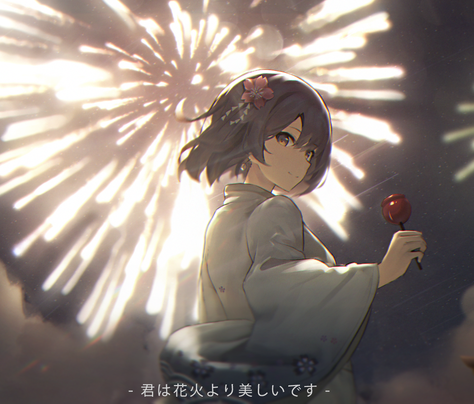 1girl backlighting bangs banxuan_c2ka black_hair brown_eyes candy_apple closed_mouth commentary_request earrings eyebrows_visible_through_hair fireworks floral_print flower food from_side grey_kimono hair_flower hair_ornament holding holding_food japanese_clothes jewelry kimono lens_flare long_sleeves looking_at_viewer looking_to_the_side night original outdoors print_kimono red_flower short_hair solo translation_request upper_body wide_sleeves