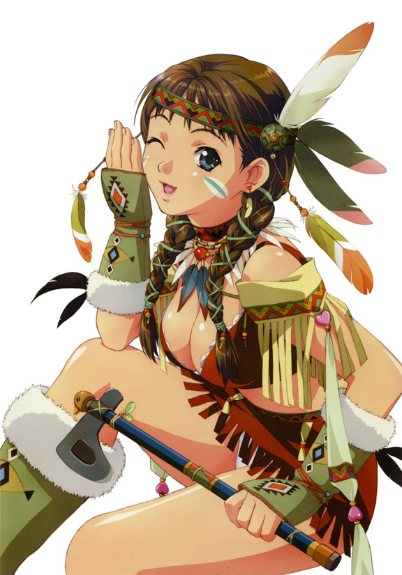 beads blue_eyes braid brown_hair cleavage earrings face_paint feathers hatchet native_american necklace open_mouth panties pigtails smile tribal twin_braids weapon wink