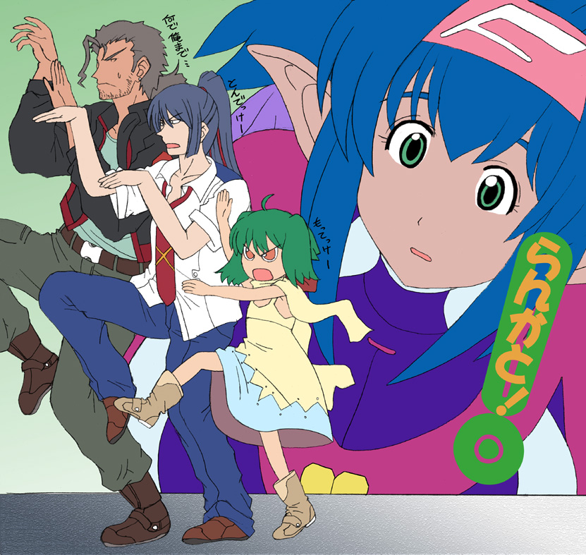 kappa_yoshimi klan_klein macross macross_frontier meltrandi ozma_lee parody pointy_ears pose ranka_lee saotome_alto translation_request yotsubato! yotsubato!_pose zentradi