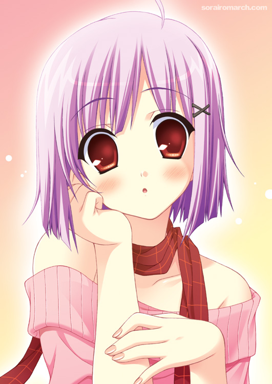 blush nail_polish narusawa_sora original purple_hair red_eyes scarf trap watermark