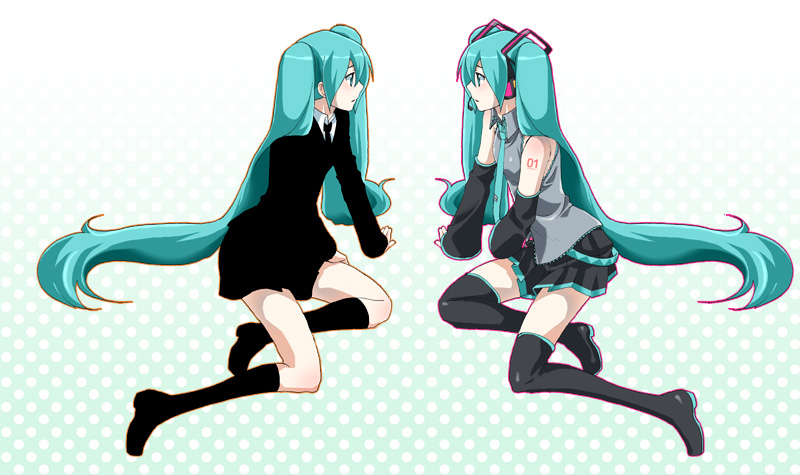 blue_hair detached_sleeves dual_persona formal green_eyes green_hair hatsune_miku kikuchi_mataha long_hair microphone necktie pale_skin polka_dot saihate_(vocaloid) sitting skirt skirt_suit socks suit thigh-highs thighhighs twintails vocaloid