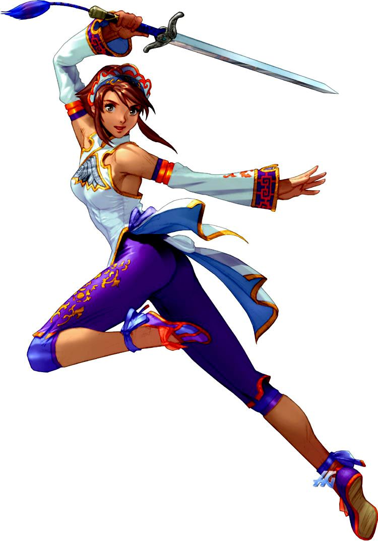 1girl ankle_ribbon brown_hair chai_xianghua detached_sleeves female full_body gold_trim headdress headwear holding holding_sword holding_weapon jpeg_artifacts leg_up multicolored multicolored_clothes multicolored_headwear multicolored_sleeves no_socks official_art open_mouth ribbon shoes simple_background solo soul_calibur soulcalibur sword weapon white_background xianghua