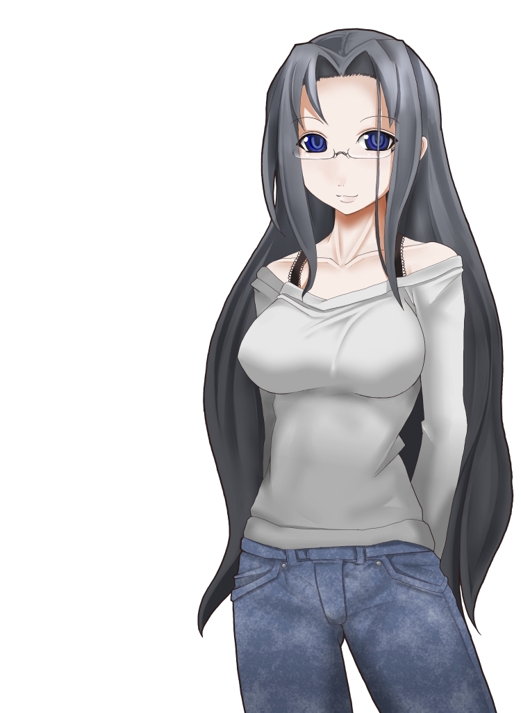 black_hair blue_eyes breasts glasses jeans large_breasts long_hair