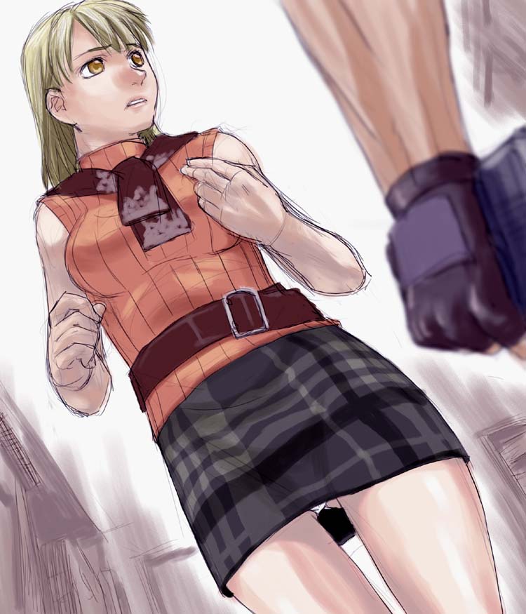 belt biohazard blonde_hair bob_cut hazel_eyes panties pantyshot plaid plaid_skirt resident_evil resident_evil_4 scarf shinama skirt sleeveless sleeveless_turtleneck tartan turtleneck underwear yellow_eyes