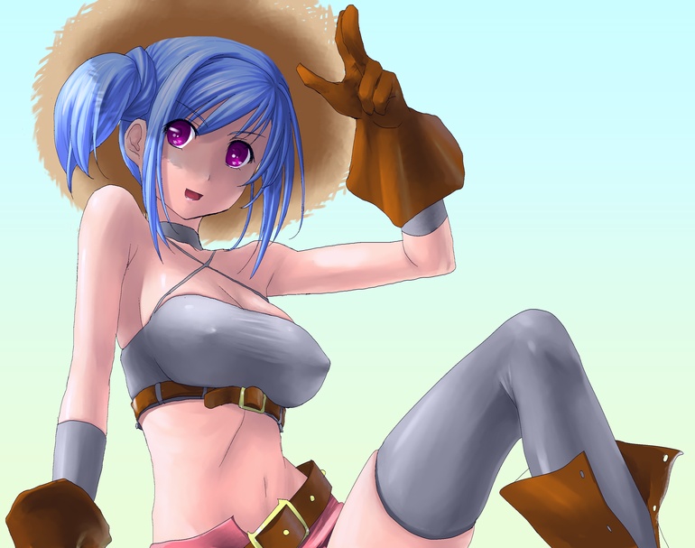 breasts choker cleavage gloves hat large_breasts mak midriff purple_eyes tank_top thigh-highs thighhighs violet_eyes