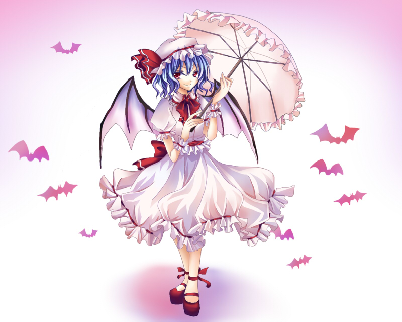 bat bats blue_hair hat maria_(m-twi) maria_(pixiv) remilia_scarlet ribbon ribbons short_hair touhou umbrella wings