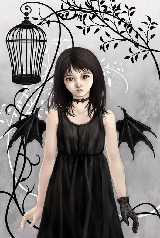 bat_wings birdcage black_hair cage choker gloves original saitou_tomoaki short_hair wings