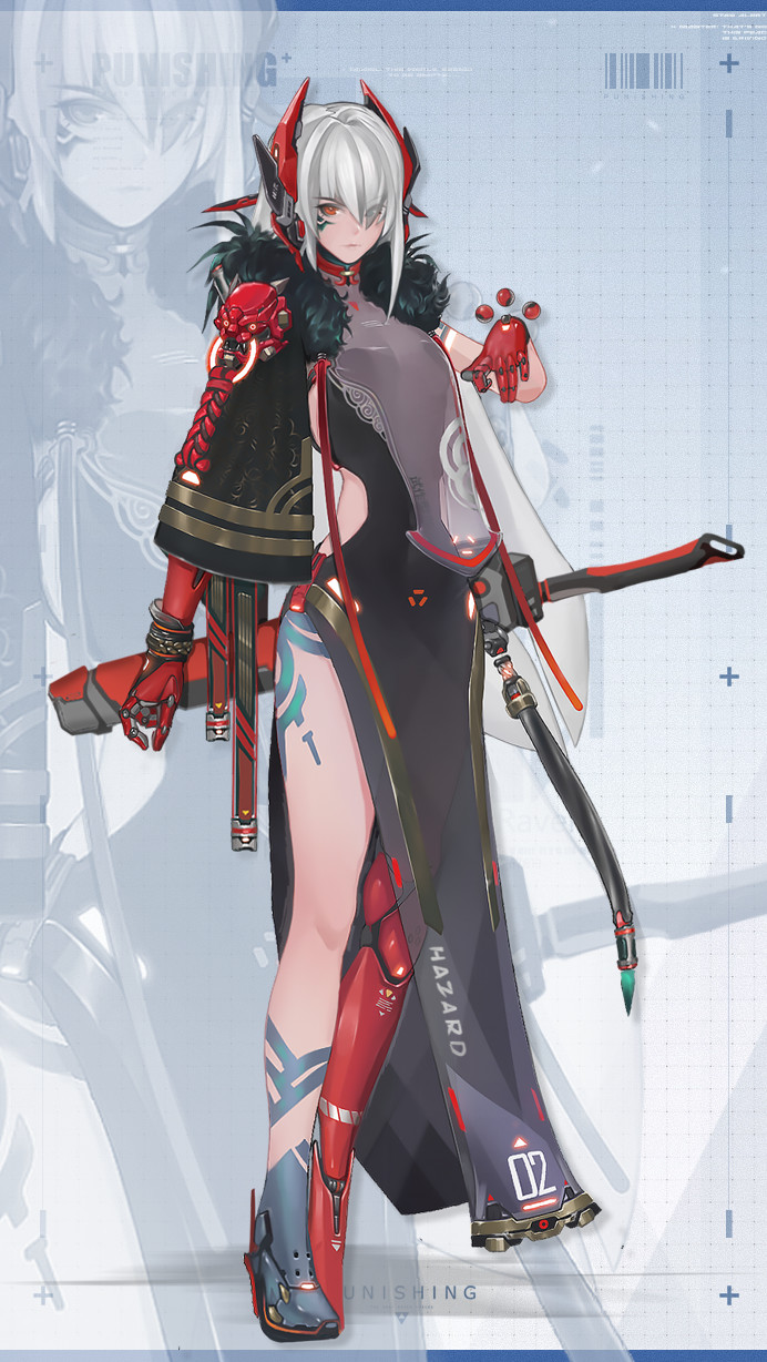 1girl bangs character_name character_profile character_sheet chinese_clothes closed_mouth concept_art full_body fur_collar gloves hair_between_eyes highres insnow katana long_hair looking_at_viewer lucia_(punishing:_gray_raven) lucia_s_crimson_abyss mechanical_arms mechanical_legs punishing:_gray_raven red_eyes red_gloves sheath sheathed single_mechanical_arm single_mechanical_leg solo sword weapon white_background white_hair