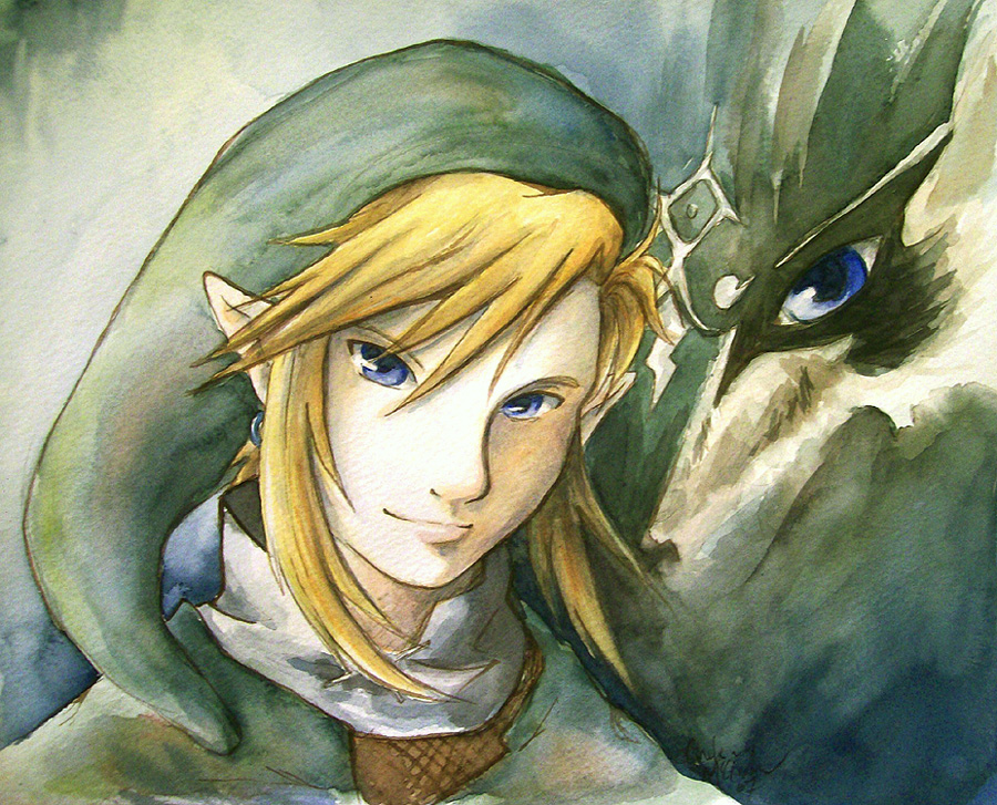 close_upearrings hat link male pointy_ears the_legend_of_zelda traditional_media wolf