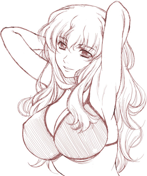 arms_behind_head arutana bikini breasts cleavage erect_nipples huge_breasts kusui_aruta large_breasts long_hair macross macross_frontier monochrome pose sheryl_nome sketch smile solo swimsuit under_boob underboob wavy_hair