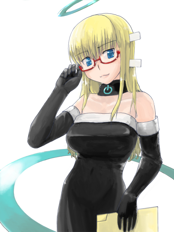 bare_shoulders blonde_hair blue_eyes dress elbow_gloves gao_(pixiv9141) glasses gloves halo latex latex_dress latex_gloves long_hair os spirit_(vista) tube_dress vista