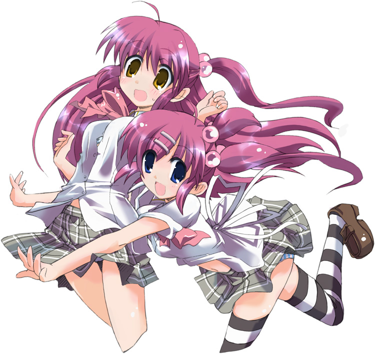 futaki_kanata hair_ornament hairclip hiduki_yayoi hizuki_yayoi little_busters! little_busters!! purple_hair saigusa_haruka striped striped_legwear striped_thighhighs thigh-highs thighhighs yellow_eyes