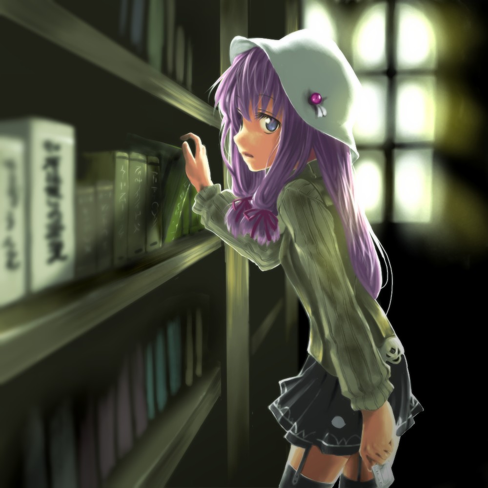 1girl alternate_costume blue_eyes book contemporary garter_straps hat library long_hair patchouli_knowledge purple_hair ribbon ribbons skirt ssi sweater thigh-highs thighhighs touhou zettai_ryouiki
