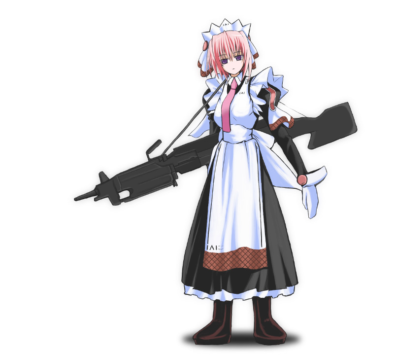 1girl boots combat_maid fn_minimi gloves gun machine_gun maid uniform weapon