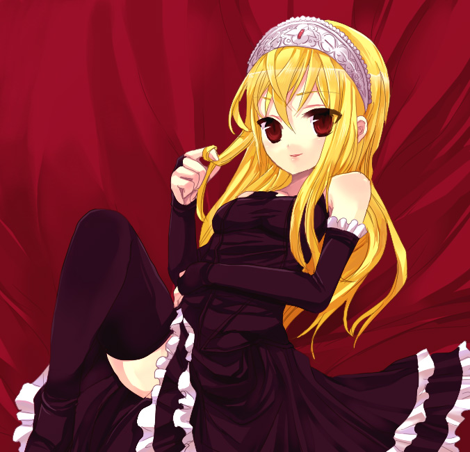 blonde_hair dress gloves hair_twirling kaibutsu_oujo lilianne red_eyes thigh-highs tiara yu_(pixiv)