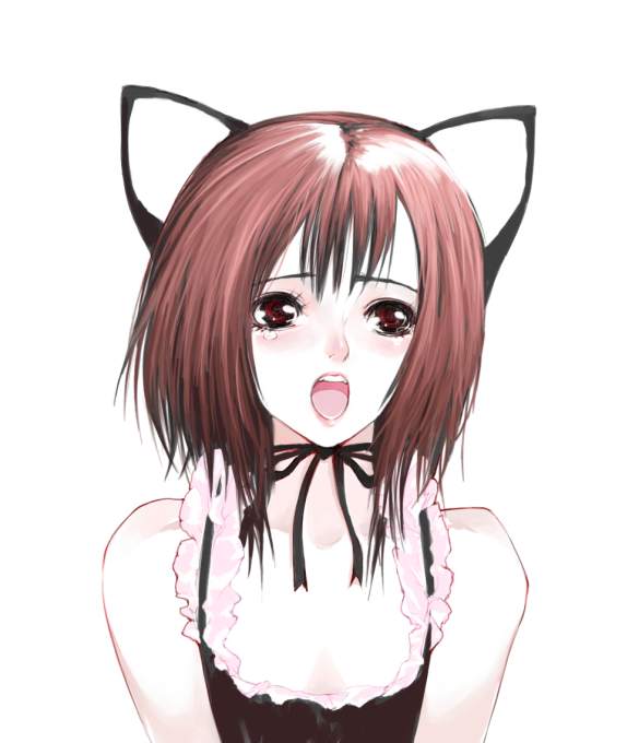 blush brown_eyes brown_hair cat_ears es maid open_mouth original short_hair