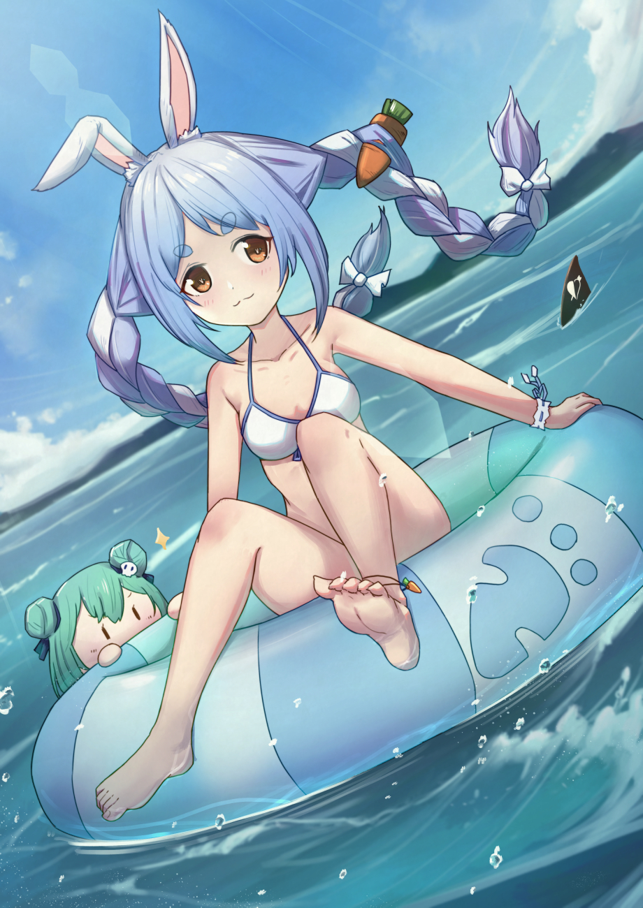 2girls :3 animal_ear_fluff animal_ears bangs bare_legs bare_shoulders barefoot bikini blue_hair blue_sky blush bow braid breasts brown_eyes carrot_hair_ornament chibi closed_mouth clouds collarbone commentary_request day double_bun dutch_angle eyebrows_visible_through_hair food_themed_hair_ornament green_hair hair_between_eyes hair_bow hair_ornament heart highres hololive innertube medium_breasts multiple_girls outdoors parted_bangs rabbit_ears shark_fin short_eyebrows sidelocks skull_hair_ornament sky sparkle swimsuit thick_eyebrows twin_braids twintails uneg uruha_rushia usada_pekora v-shaped_eyebrows virtual_youtuber water waves white_bikini white_bow white_hair