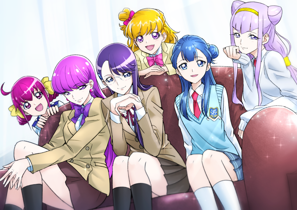 6+girls :d ahoge asahina_mirai asymmetrical_bangs bangs black_legwear blonde_hair blue_eyes blue_hair blue_skirt blue_sweater bow bowtie brown_jacket brown_skirt closed_mouth collared_shirt couch earrings eyebrows_visible_through_hair hair_between_eyes hair_bow hairband heartcatch_precure! hoshizora_miyuki hugtto!_precure jacket jewelry kirakira_precure_a_la_mode kneehighs kotozume_yukari long_hair long_sleeves looking_at_viewer mahou_girls_precure! miniskirt multiple_girls neck_ribbon necktie one_side_up open_mouth pink_eyes pleated_skirt precure purple_bow purple_hair red_bow red_eyes red_neckwear red_ribbon redhead ribbon ruru_amour school_uniform shirt sitting skirt smile smile_precure! sparkle straight_hair sweater swept_bangs tied_hair tsukikage_oyama tsukikage_yuri very_long_hair violet_eyes white_background white_legwear white_shirt wing_collar yakushiji_saaya yellow_hairband